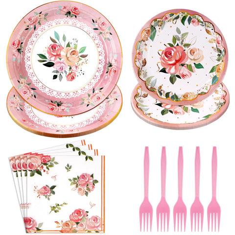 96 Pcs Flower Party Plates and Napkins - Grencian