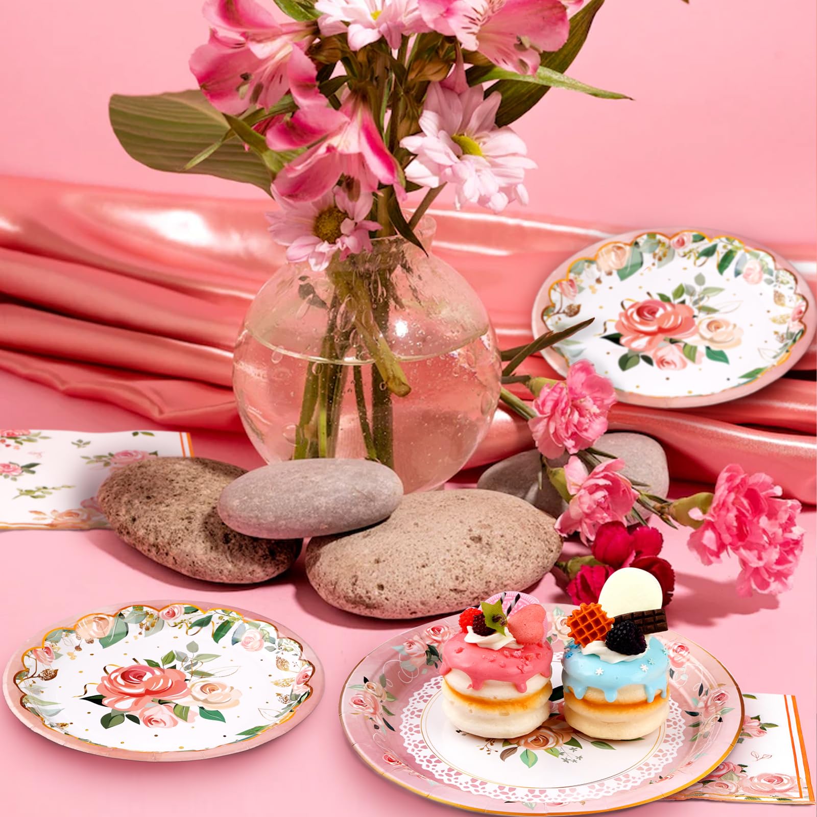 96 Pcs Flower Party Plates and Napkins - Grencian