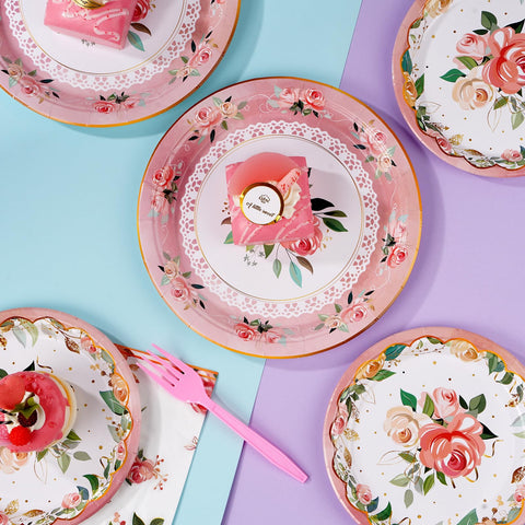 96 Pcs Flower Party Plates and Napkins - Grencian