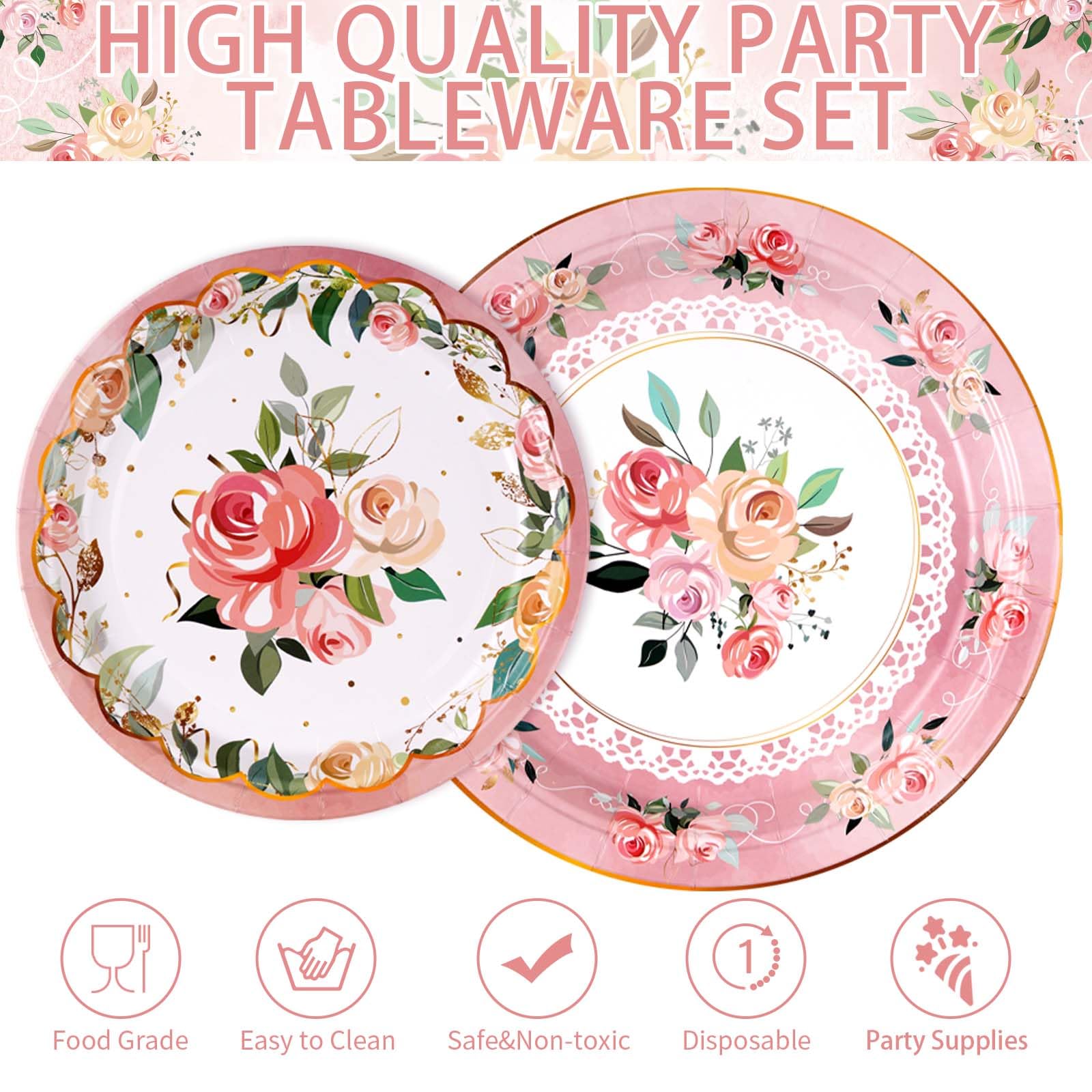 96 Pcs Flower Party Plates and Napkins - Grencian