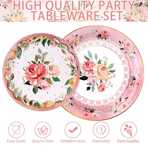 96 Pcs Flower Party Plates and Napkins - Grencian