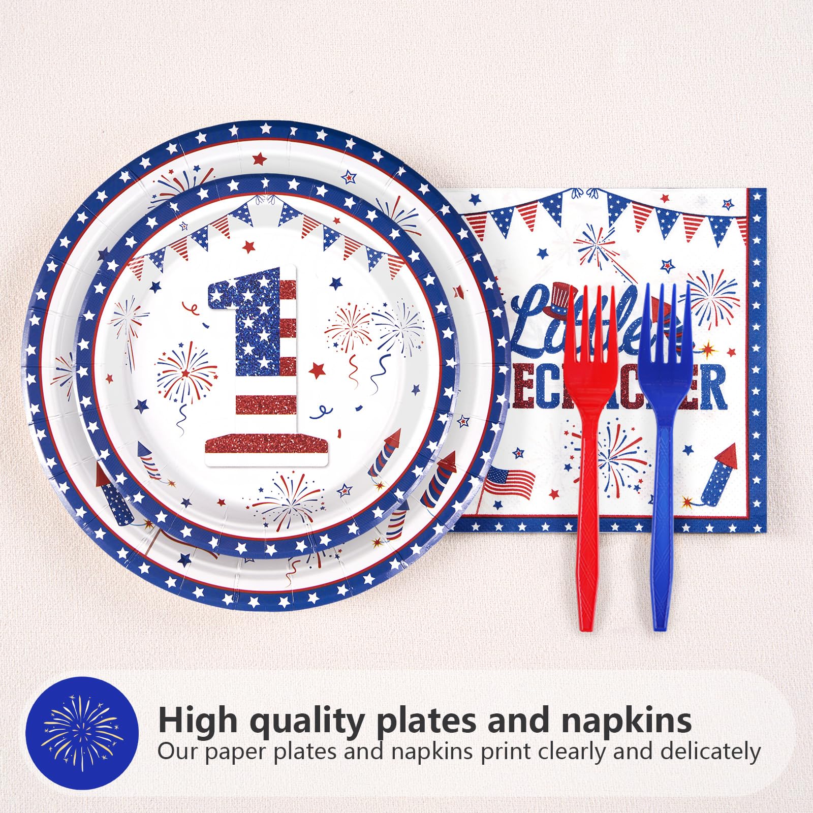96 Pcs Fourth of July 1st Birthday Party Plates and Napkins - Grencian