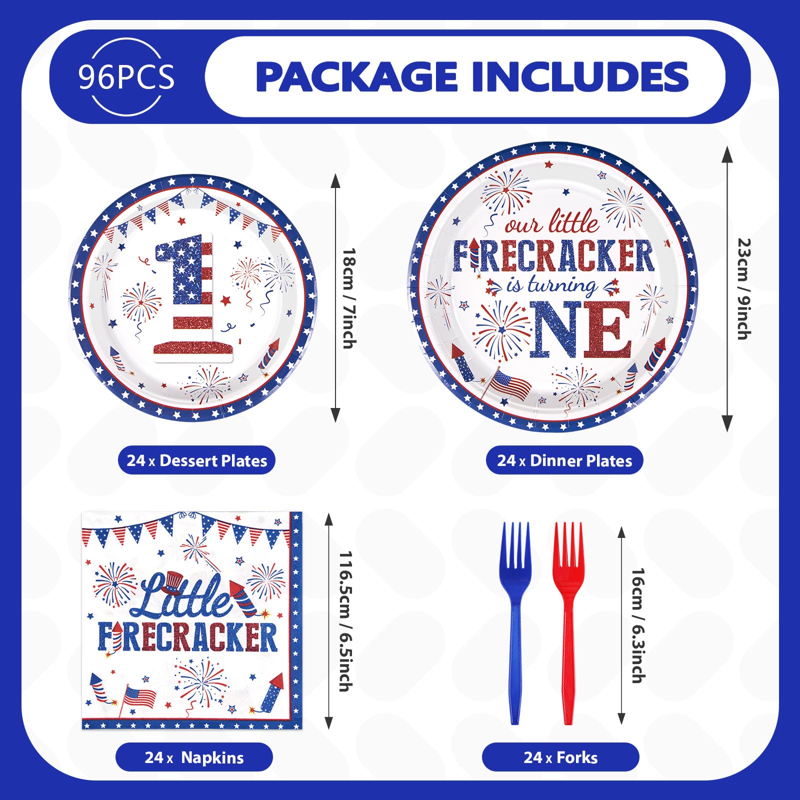 96 Pcs Fourth of July 1st Birthday Party Plates and Napkins - Grencian