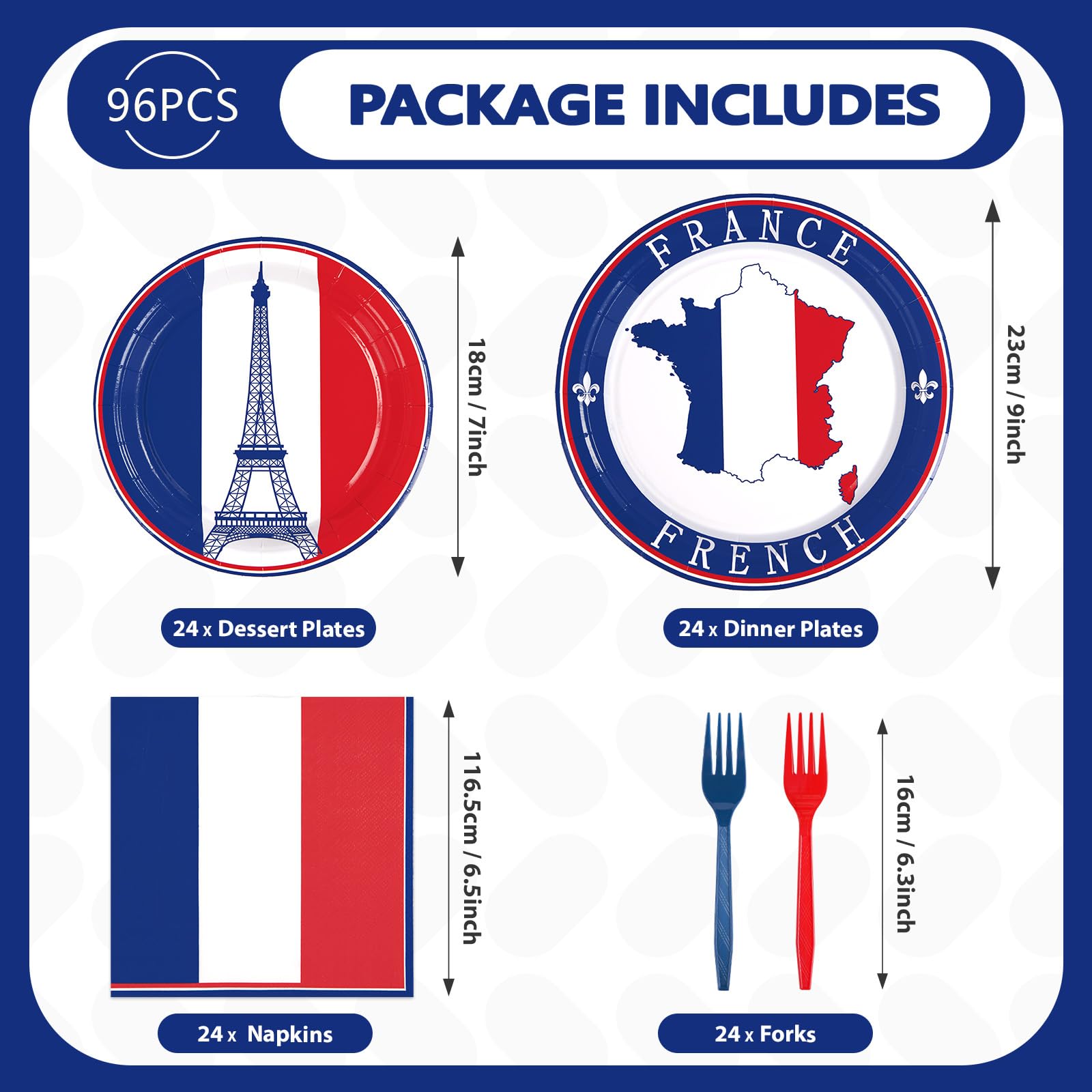 96 Pcs French Flag Party Plates and Napkins - Grencian