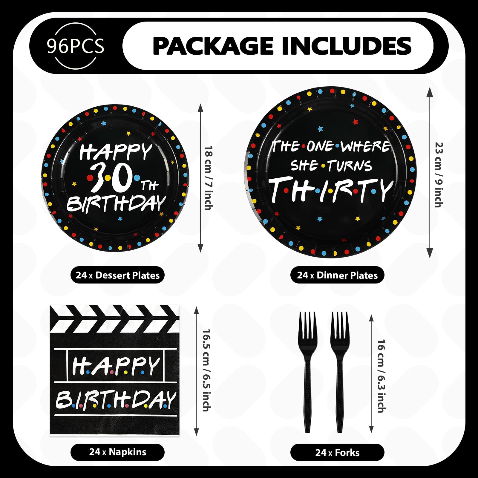 96 Pcs Friends Themed 30th Birthday Party Plates and Napkins - Grencian