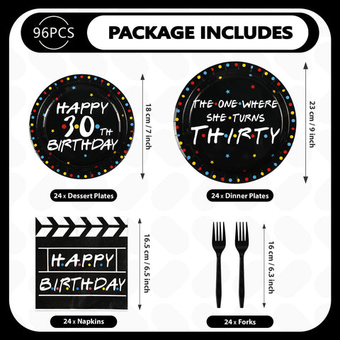 96 Pcs Friends Themed 30th Birthday Party Plates and Napkins - Grencian