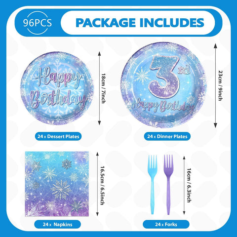 96 Pcs Frozen 3rd Birthday Party Plates and Napkins - Grencian