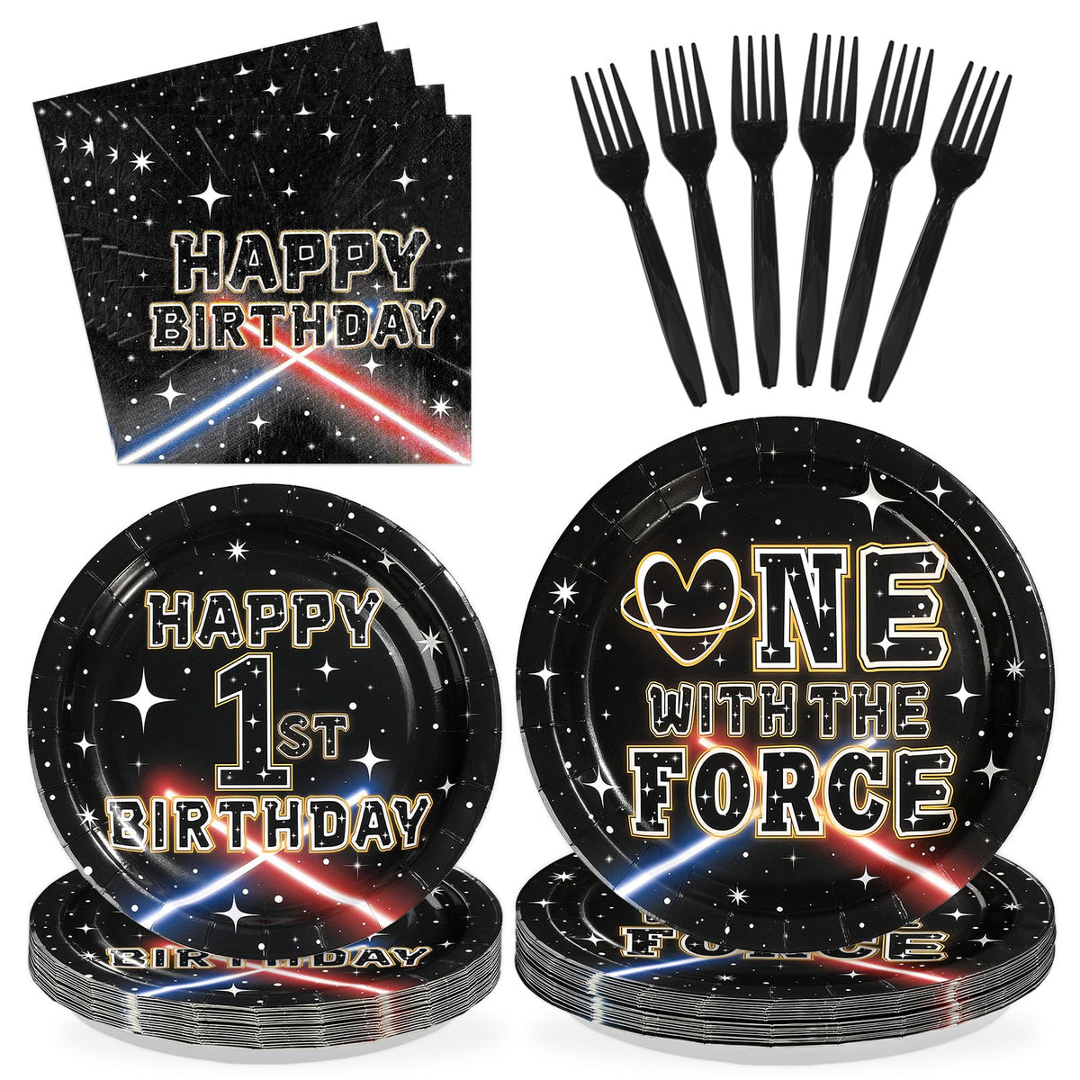 96 Pcs Galaxy 1st Birthday Party Plates and Napkins - Grencian