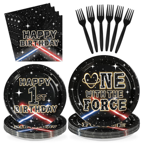 96 Pcs Galaxy 1st Birthday Party Plates and Napkins - Grencian