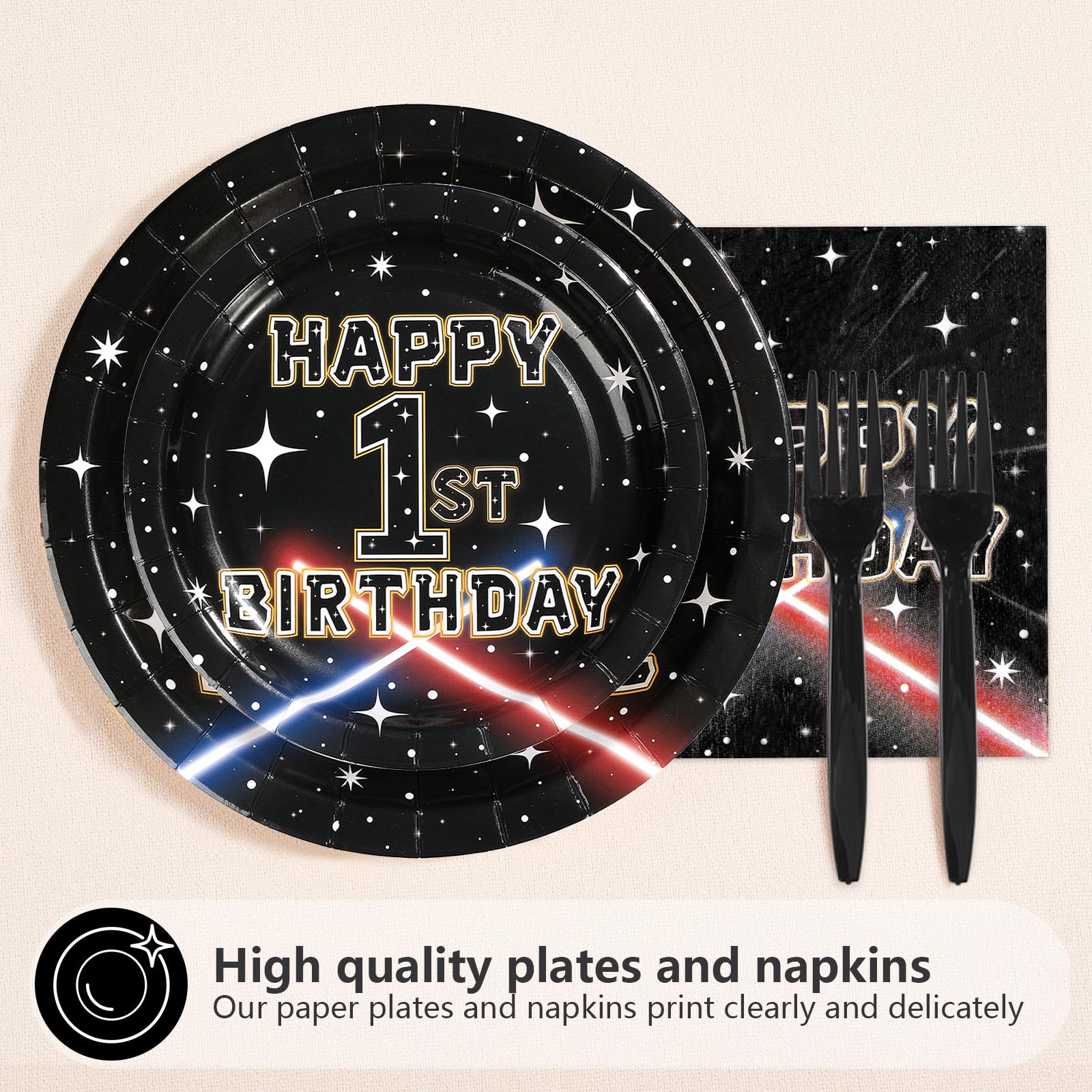 96 Pcs Galaxy 1st Birthday Party Plates and Napkins - Grencian