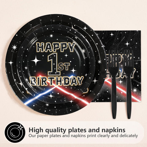 96 Pcs Galaxy 1st Birthday Party Plates and Napkins - Grencian