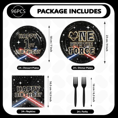 96 Pcs Galaxy 1st Birthday Party Plates and Napkins - Grencian