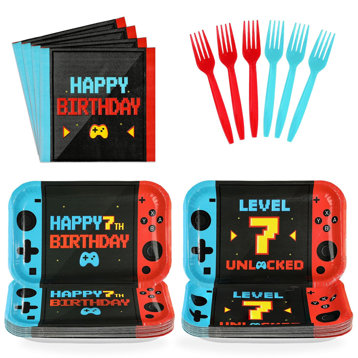 96 Pcs Game 7th Birthday Party Plates and Napkins - Grencian