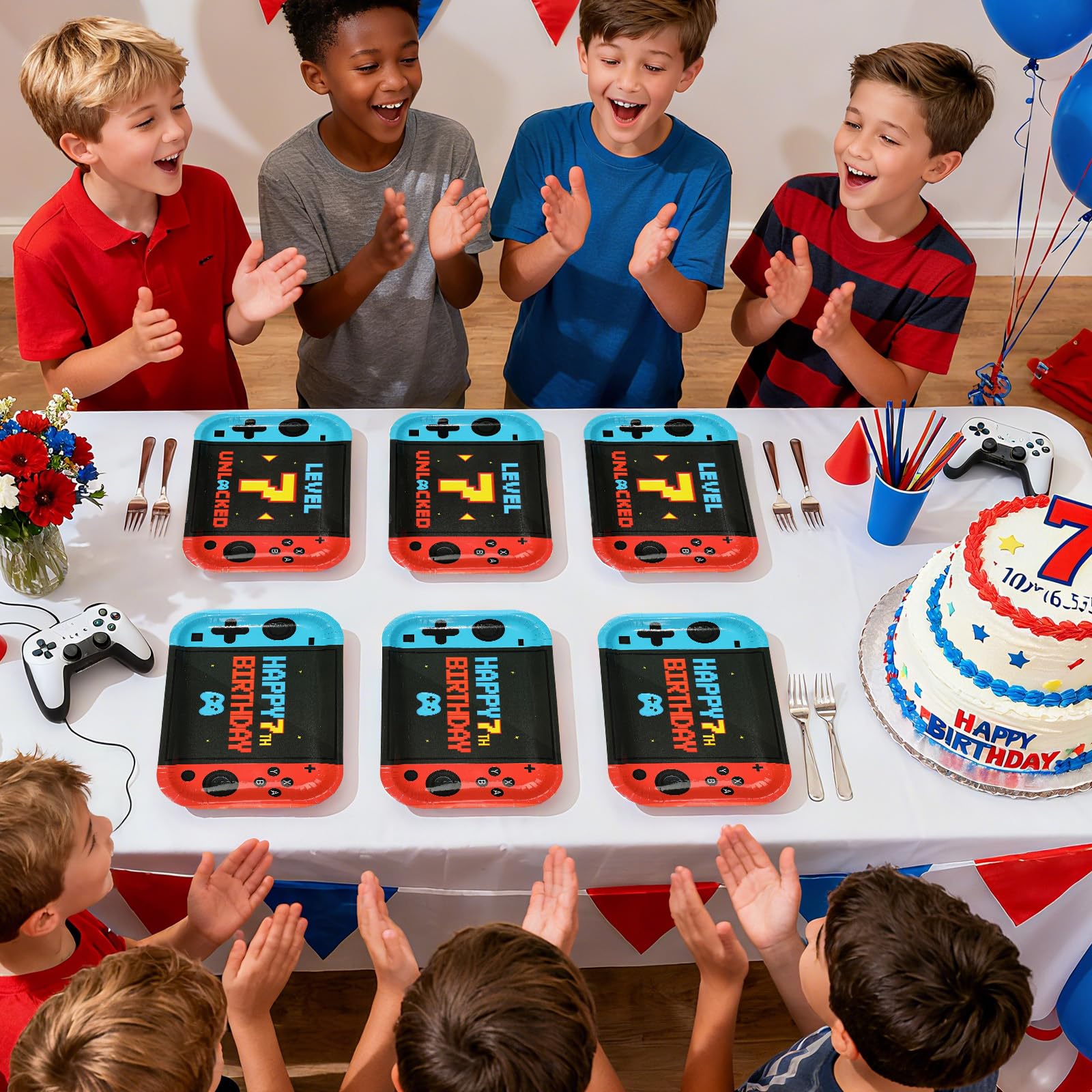 96 Pcs Game 7th Birthday Party Plates and Napkins - Grencian