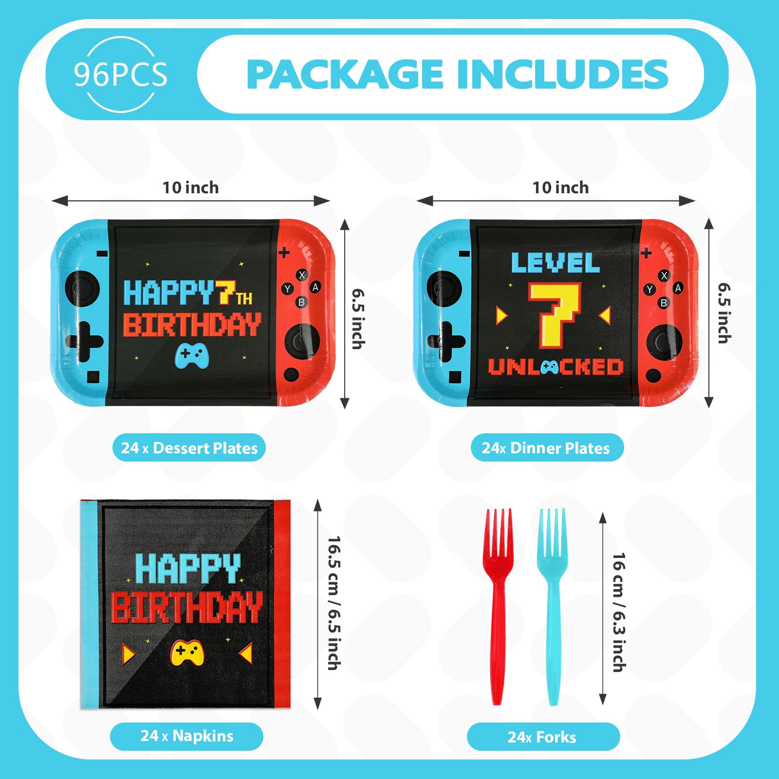 96 Pcs Game 7th Birthday Party Plates and Napkins - Grencian