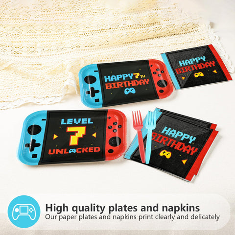 96 Pcs Game 7th Birthday Party Plates and Napkins - Grencian