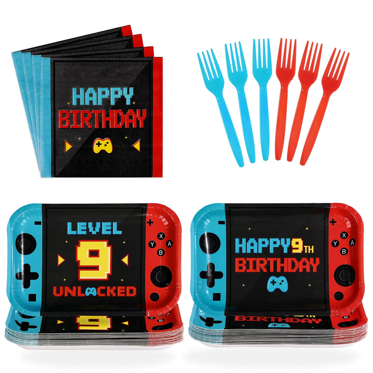 96 Pcs Game 9th Birthday Party Plates and Napkins - Grencian