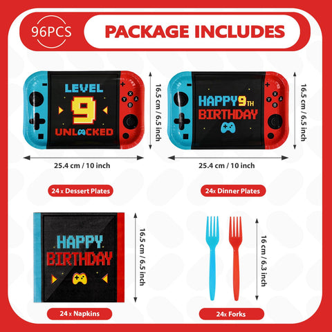 96 Pcs Game 9th Birthday Party Plates and Napkins - Grencian