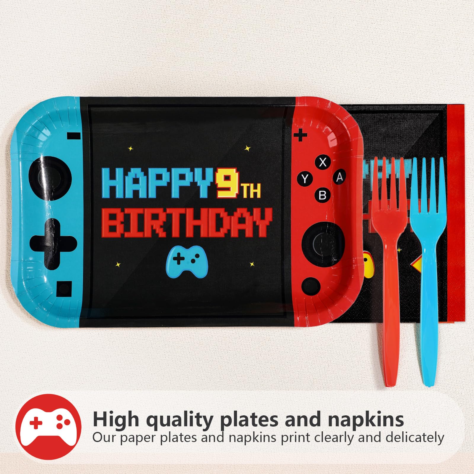 96 Pcs Game 9th Birthday Party Plates and Napkins - Grencian
