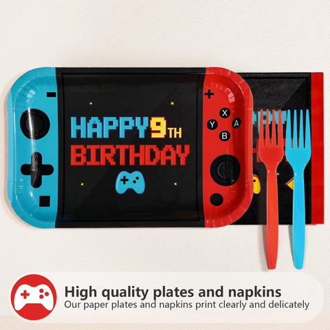 96 Pcs Game 9th Birthday Party Plates and Napkins - Grencian