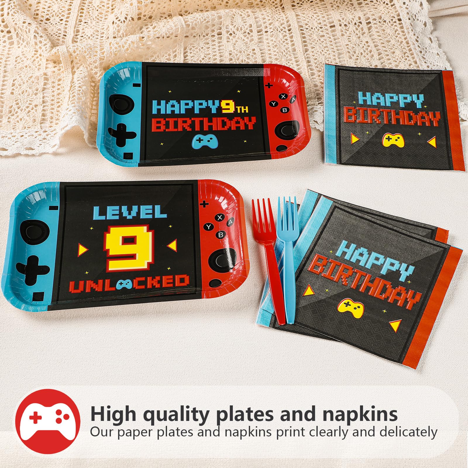 96 Pcs Game 9th Birthday Party Plates and Napkins - Grencian