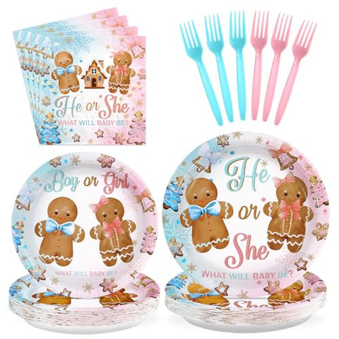96 Pcs Gingerbread Gender Reveal Party Plates and Napkins - Grencian
