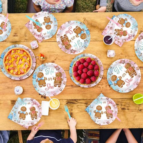 96 Pcs Gingerbread Gender Reveal Party Plates and Napkins - Grencian