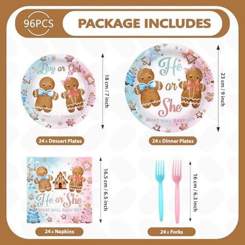 96 Pcs Gingerbread Gender Reveal Party Plates and Napkins - Grencian