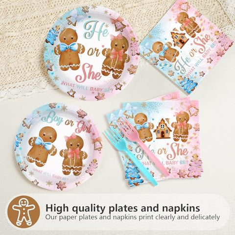 96 Pcs Gingerbread Gender Reveal Party Plates and Napkins - Grencian
