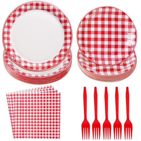 96 Pcs Gingham Red and White Party Plates and Napkins - Grencian