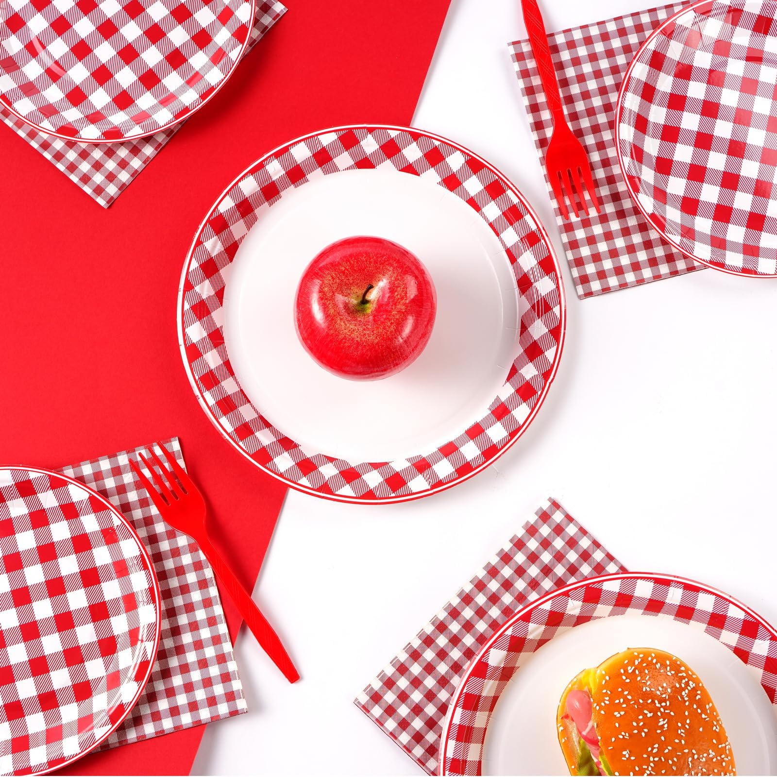 96 Pcs Gingham Red and White Party Plates and Napkins - Grencian
