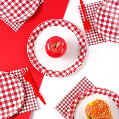 96 Pcs Gingham Red and White Party Plates and Napkins - Grencian