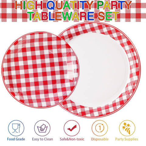 96 Pcs Gingham Red and White Party Plates and Napkins - Grencian