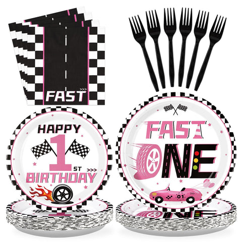 96 Pcs Girls Car 1st Birthday Party Plates and Napkins