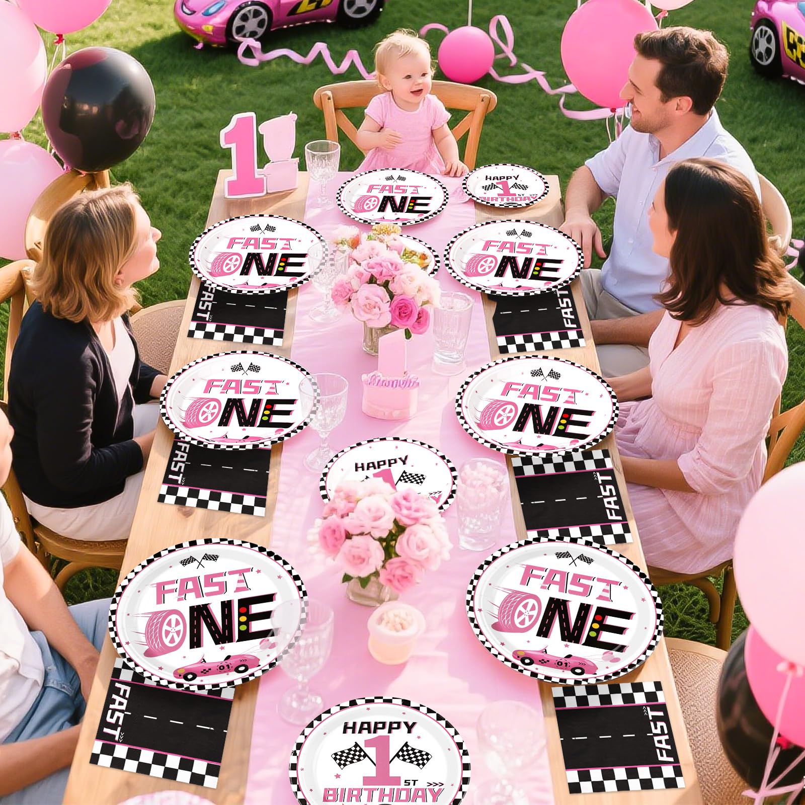 96 Pcs Girls Car 1st Birthday Party Plates and Napkins
