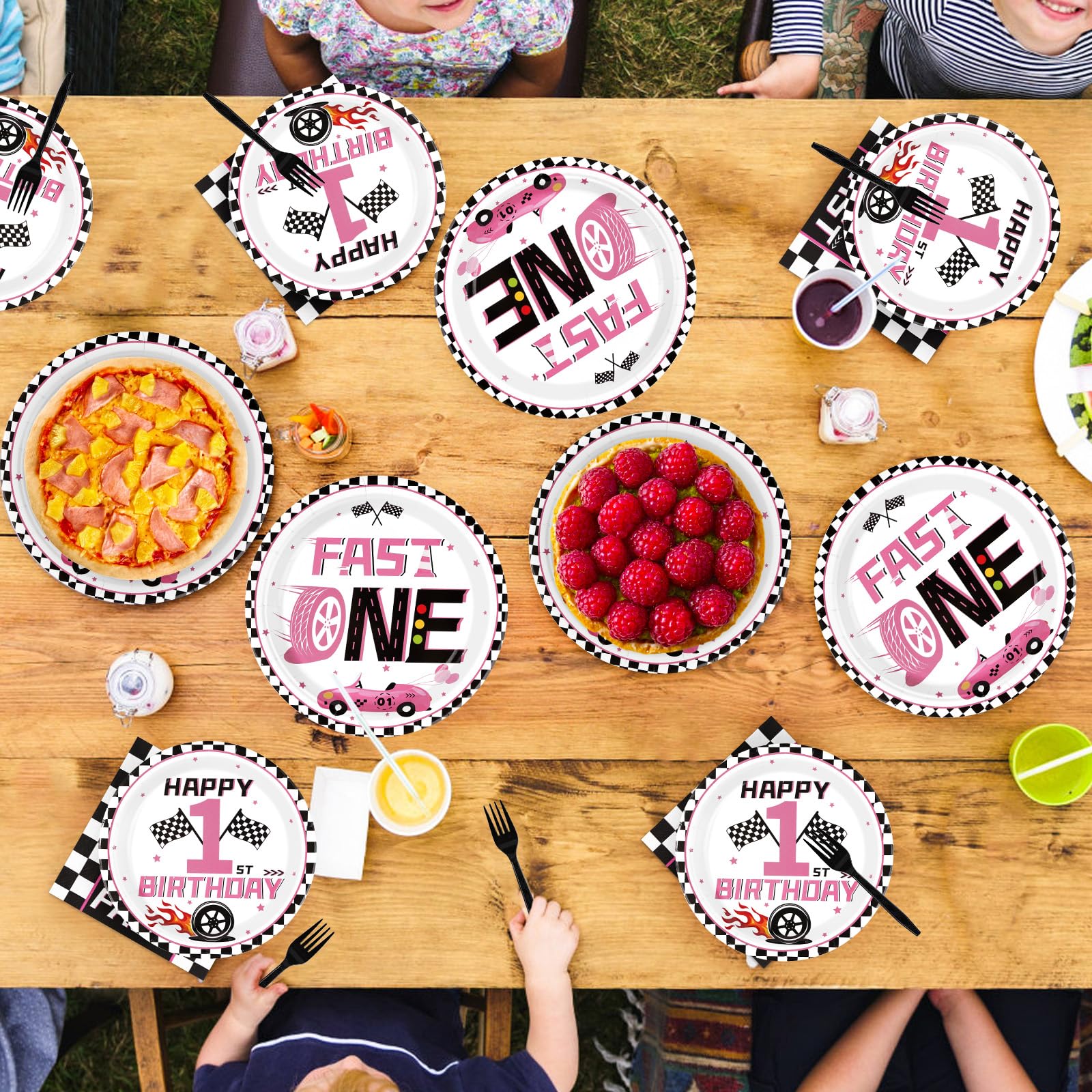 96 Pcs Girls Car 1st Birthday Party Plates and Napkins