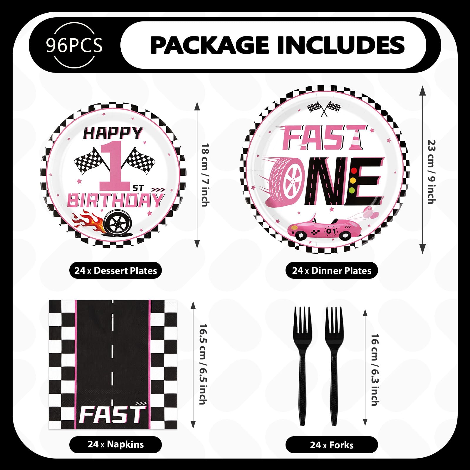 96 Pcs Girls Car 1st Birthday Party Plates and Napkins