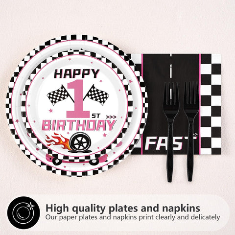 96 Pcs Girls Car 1st Birthday Party Plates and Napkins