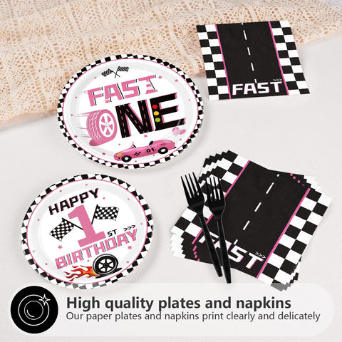 96 Pcs Girls Car 1st Birthday Party Plates and Napkins