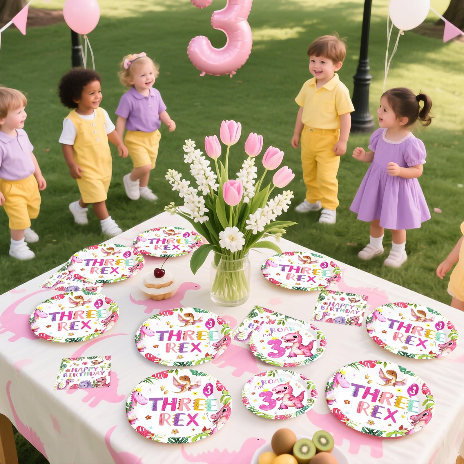 96 Pcs Girls Dinosaur 3rd Birthday Party Plates and Napkins - Grencian