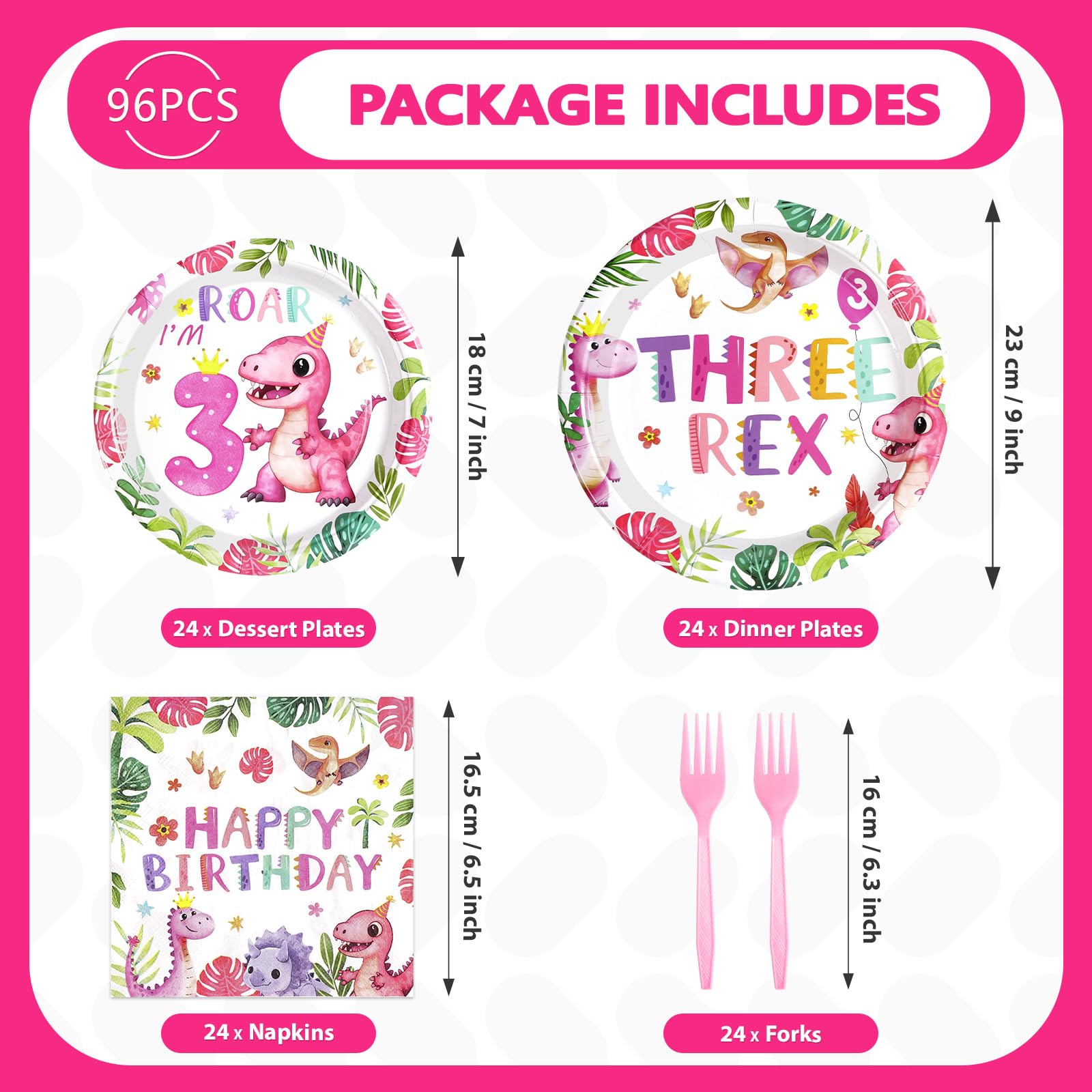 96 Pcs Girls Dinosaur 3rd Birthday Party Plates and Napkins - Grencian