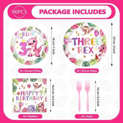 96 Pcs Girls Dinosaur 3rd Birthday Party Plates and Napkins - Grencian