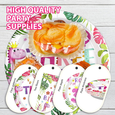 96 Pcs Girls Dinosaur 3rd Birthday Party Plates and Napkins - Grencian