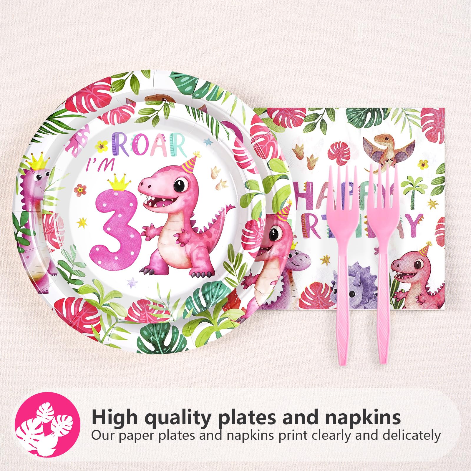 96 Pcs Girls Dinosaur 3rd Birthday Party Plates and Napkins - Grencian