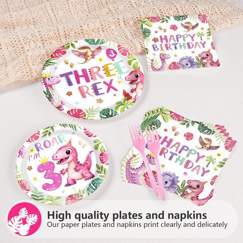 96 Pcs Girls Dinosaur 3rd Birthday Party Plates and Napkins - Grencian