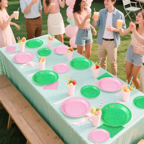 96 Pcs Glitter Pink and Green Party Plates and Napkins - Grencian