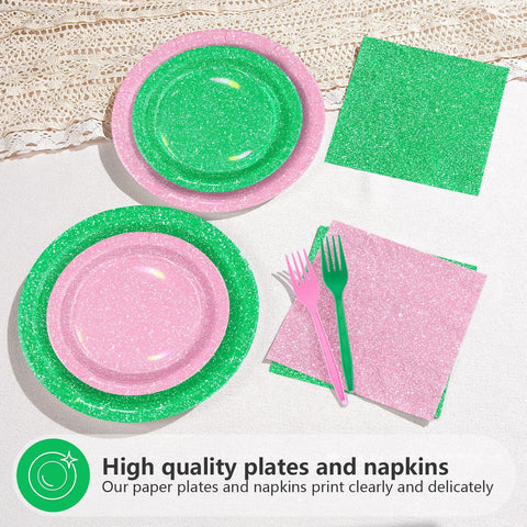 96 Pcs Glitter Pink and Green Party Plates and Napkins - Grencian