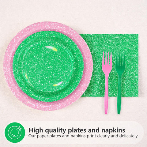 96 Pcs Glitter Pink and Green Party Plates and Napkins - Grencian