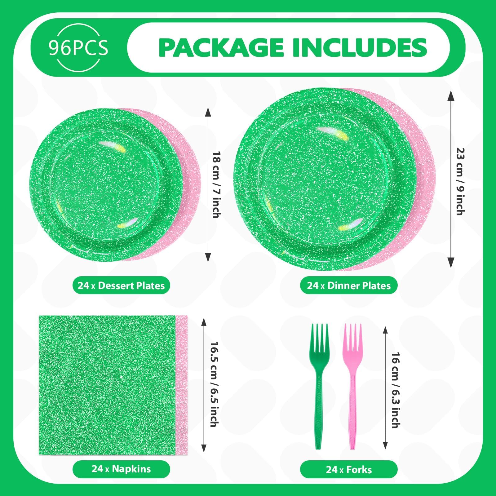 96 Pcs Glitter Pink and Green Party Plates and Napkins - Grencian