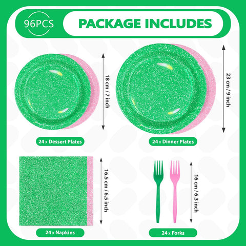 96 Pcs Glitter Pink and Green Party Plates and Napkins - Grencian
